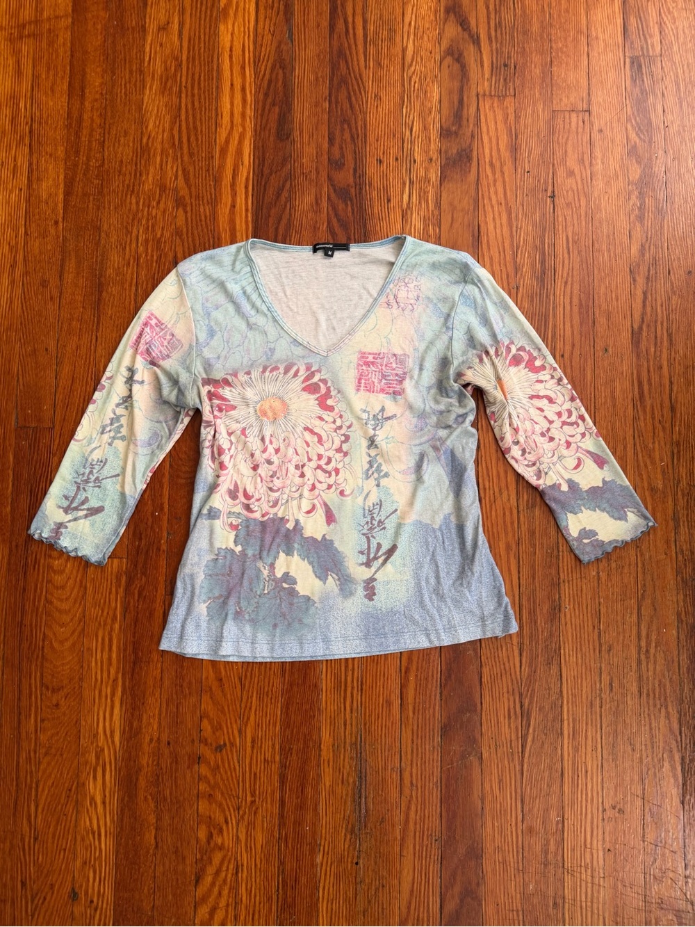 Floral V-Neck Women’s Top in Pastel Blue and Pink